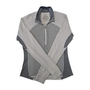 Patagonia Womens Merino Wool Base Layer I/4 Zip Pullover Shirt Sz L Gray Stripe